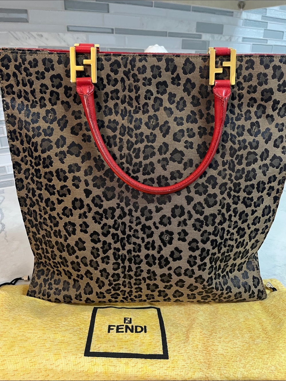 Fendi Leopard Print Tote with Red Handles and Gold Hardware